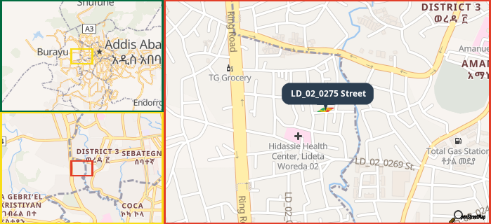 Map showing the address of LD_02_0275 Street in three different zoom levels.