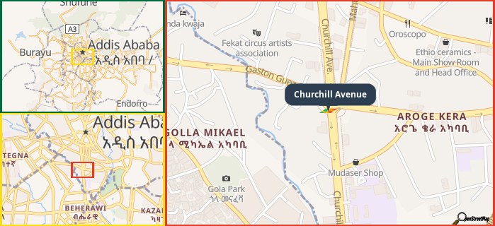 Map showing the address of Churchill Avenue in three different zoom levels.