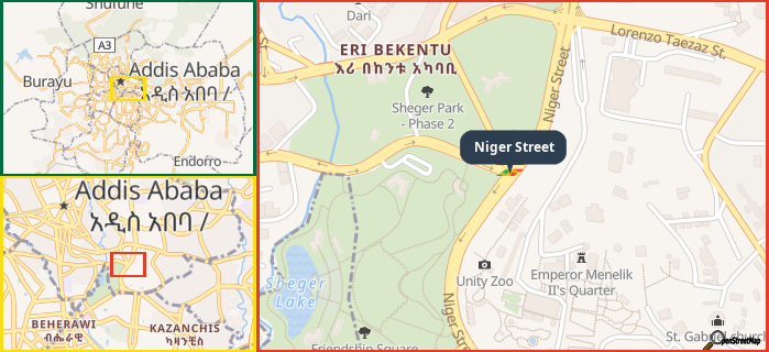 Map showing the address of Niger Street in three different zoom levels.