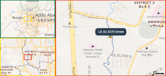 Map showing the address of LD_02_0275 Street in three different zoom levels.