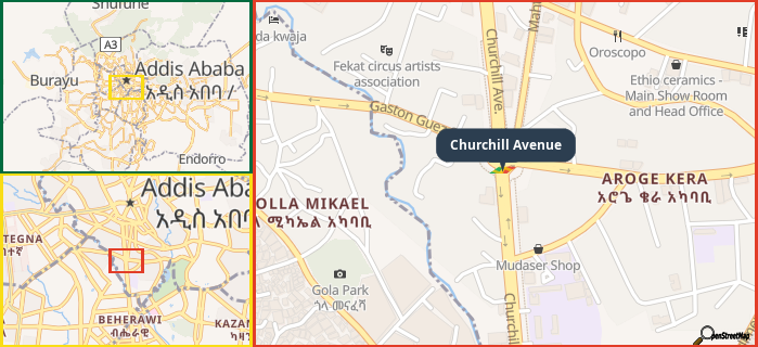 Map showing the address of Churchill Avenue in three different zoom levels.