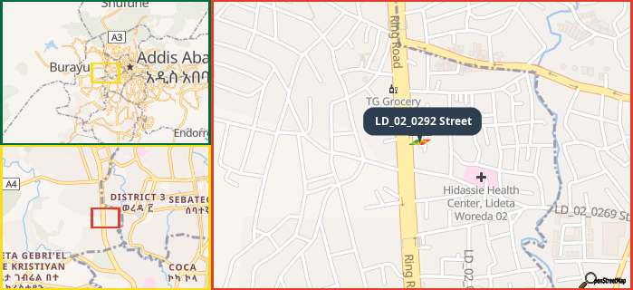 Map showing the address of LD_02_0292 Street in three different zoom levels.