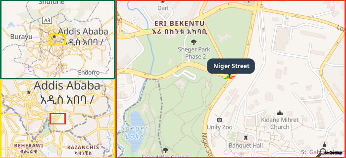 Map showing the address of Niger Street in three different zoom levels.