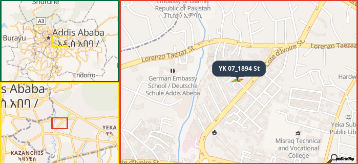 Map showing the address of YK 07_1894 St in three different zoom levels.