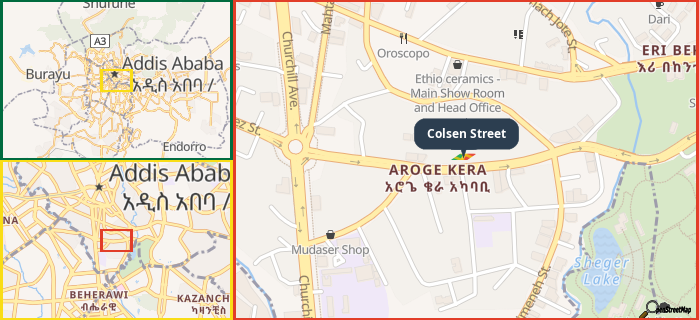Map showing the address of Colsen Street in three different zoom levels.