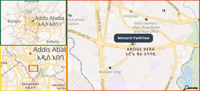 Map showing the address of Monarch ParkView in three different zoom levels.