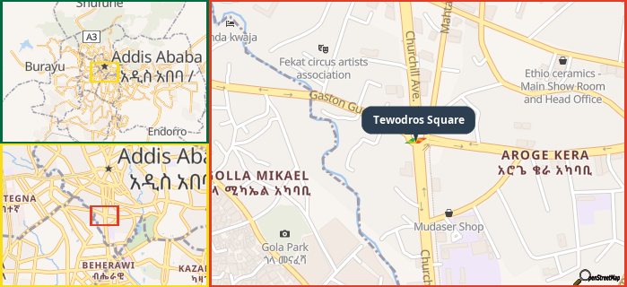 Map showing the address of Tewodros Square in three different zoom levels.