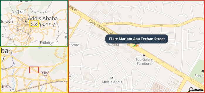 Map showing the address of Fikre Mariam Aba Techan Street in three different zoom levels.