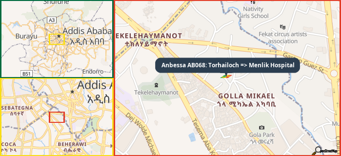 Map showing the address of Anbessa AB068: Torhailoch => Menlik Hospital in three different zoom levels.