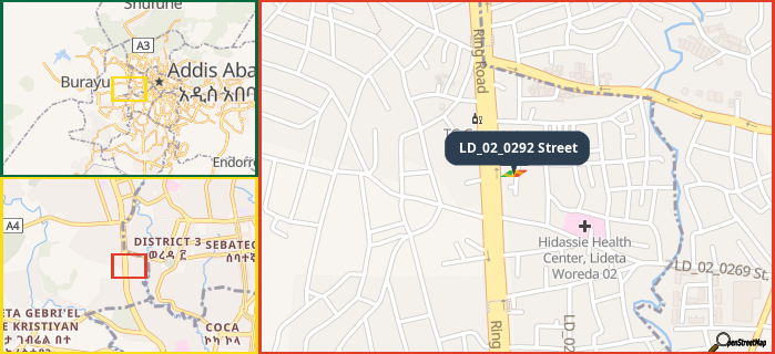 Map showing the address of LD_02_0292 Street in three different zoom levels.