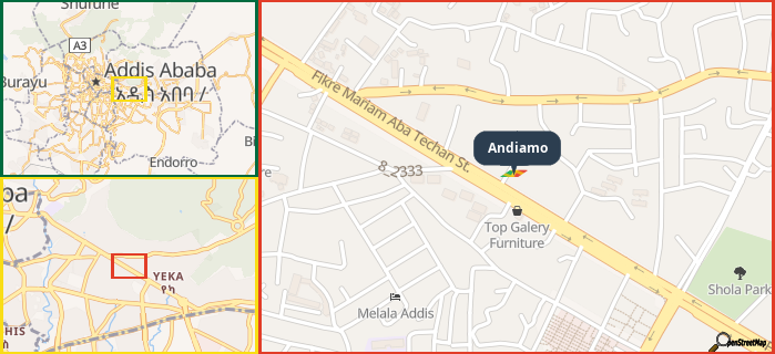 Map showing the address of Andiamo in three different zoom levels.