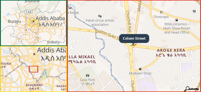 Map showing the address of Colsen Street in three different zoom levels.