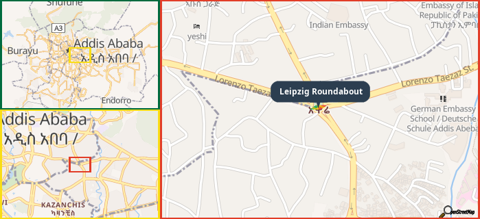 Map showing the address of Leipzig Roundabout in three different zoom levels.