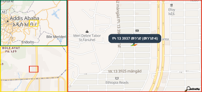 Map showing the address of የካ 13 3937 መንገድ (መንገድ፡4) in three different zoom levels.