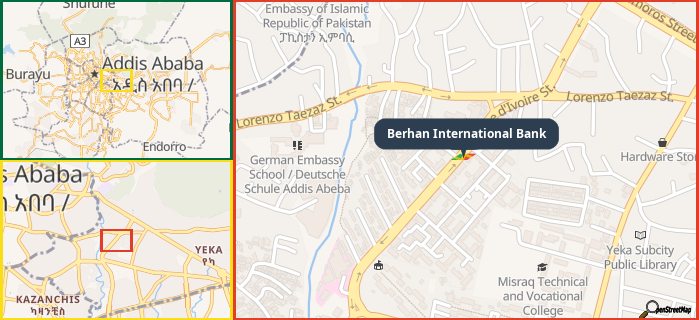 Map showing the address of Berhan International Bank in three different zoom levels.