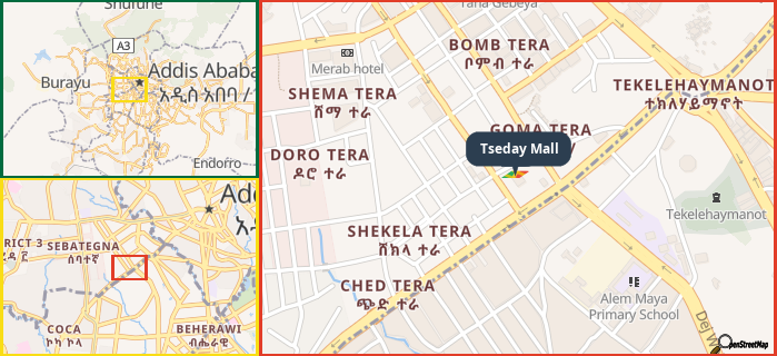 Map showing the address of Tseday Mall in three different zoom levels.