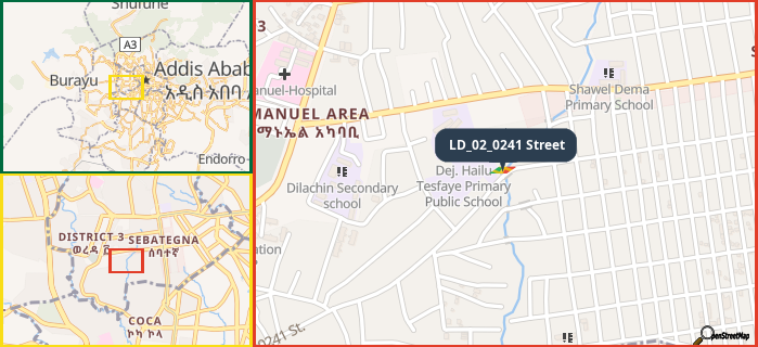 Map showing the address of LD_02_0241 Street in three different zoom levels.