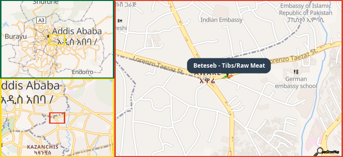Map showing the address of Beteseb - Tibs/Raw Meat in three different zoom levels.