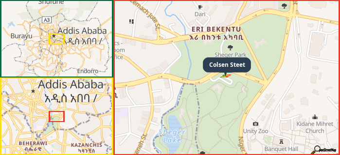 Map showing the address of Colsen Steet in three different zoom levels.