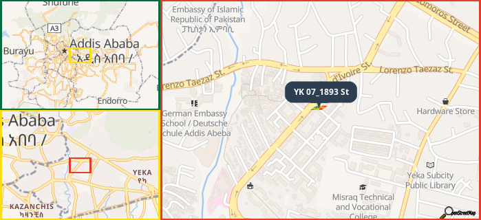 Map showing the address of YK 07_1893 St in three different zoom levels.