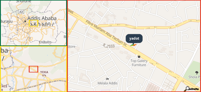 Map showing the address of yadot in three different zoom levels.