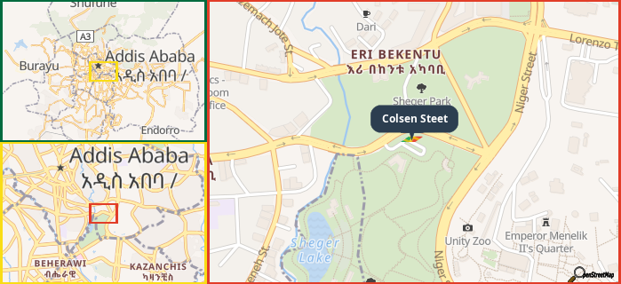 Map showing the address of Colsen Steet in three different zoom levels.