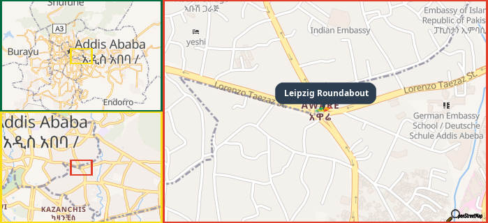 Map showing the address of Leipzig Roundabout in three different zoom levels.