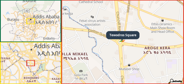 Map showing the address of Tewodros Square in three different zoom levels.