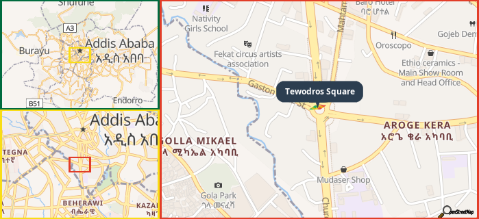 Map showing the address of Tewodros Square in three different zoom levels.