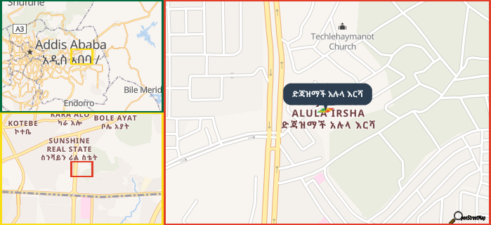 Map showing the address of ድጃዝማች አሉላ እርሻ in three different zoom levels.
