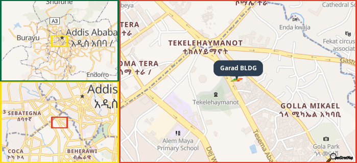 Map showing the address of Garad BLDG in three different zoom levels.