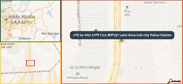 Map showing the address of ለሚ ኩራ ክፍለ ከተማ ፖሊስ መምሪያ/ Lemi Kura Sub-city Police Station in three different zoom levels.