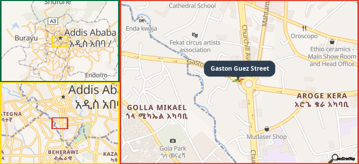 Map showing the address of Gaston Guez Street in three different zoom levels.