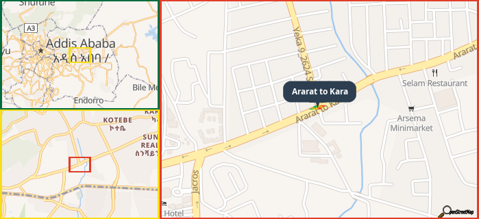 Map showing the address of Ararat to Kara in three different zoom levels.
