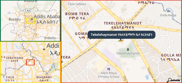 Map showing the address of Tekelehaymanot ተክለሃይማኖት ቤተ ክርስቲያን in three different zoom levels.