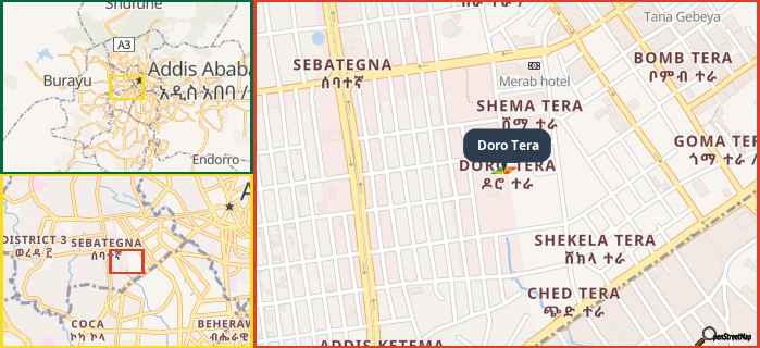 Map showing the address of Doro Tera in three different zoom levels.