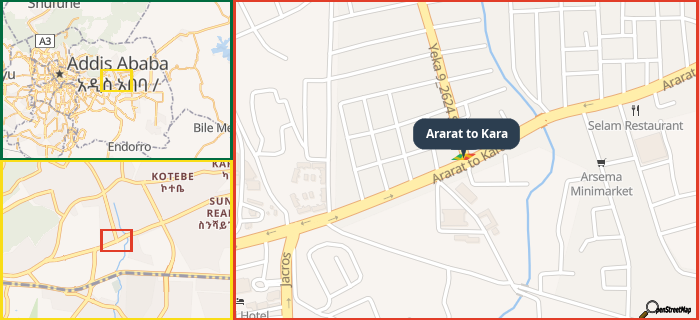 Map showing the address of Ararat to Kara in three different zoom levels.