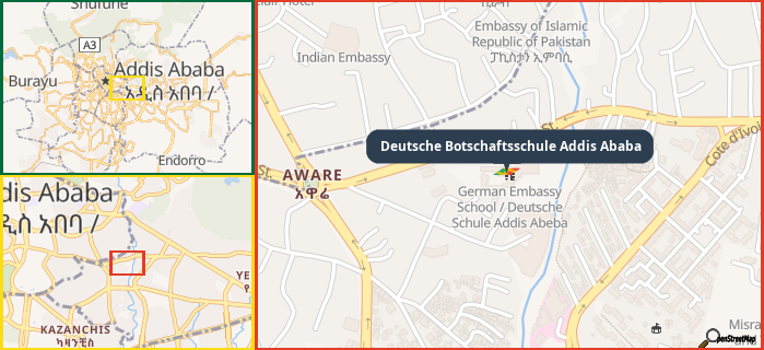 Map showing the address of Deutsche Botschaftsschule Addis Ababa in three different zoom levels.