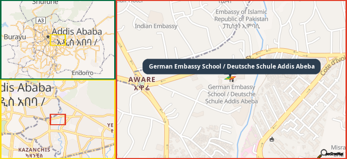 Map showing the address of German Embassy School / Deutsche Schule Addis Abeba in three different zoom levels.