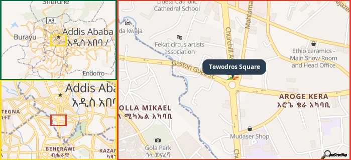 Map showing the address of Tewodros Square in three different zoom levels.