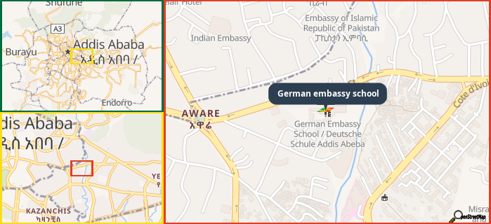 Map showing the address of German embassy school in three different zoom levels.