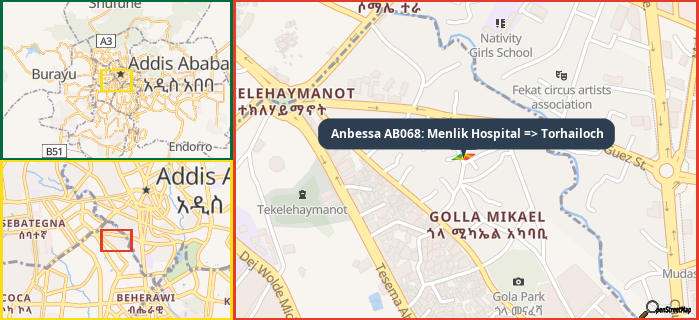 Map showing the address of Anbessa AB068: Menlik Hospital => Torhailoch in three different zoom levels.