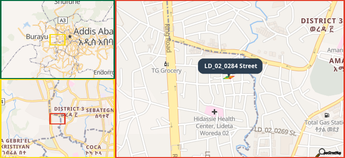 Map showing the address of LD_02_0284 Street in three different zoom levels.