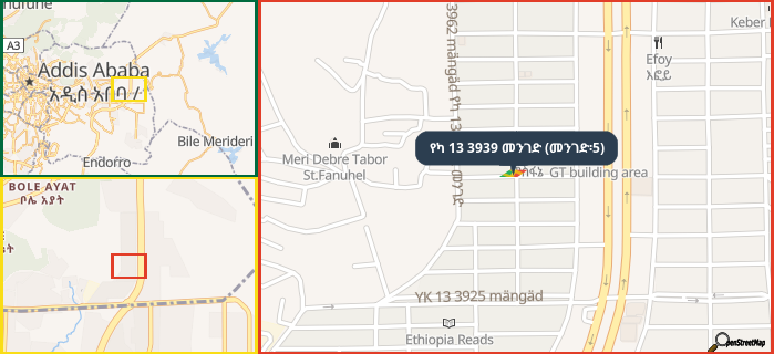 Map showing the address of የካ 13 3939 መንገድ (መንገድ፡5) in three different zoom levels.