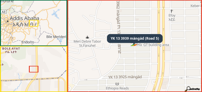 Map showing the address of YK 13 3939 mängäd (Road 5) in three different zoom levels.