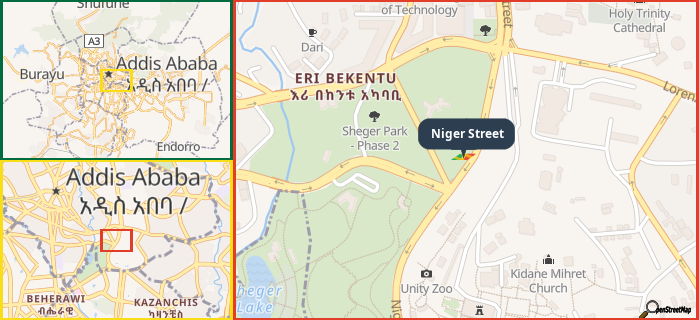 Map showing the address of Niger Street in three different zoom levels.