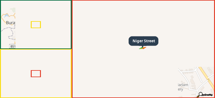 Map showing the address of Niger Street in three different zoom levels.