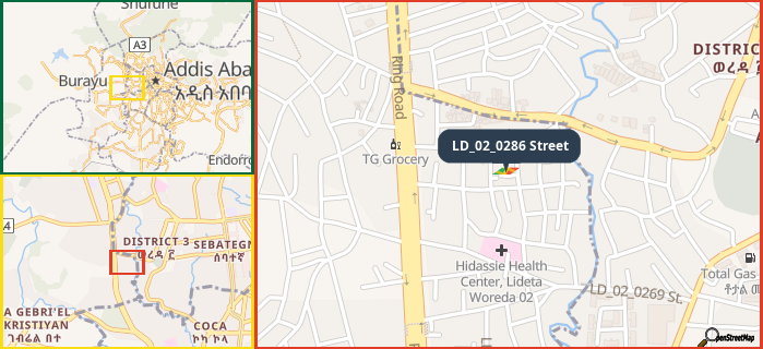 Map showing the address of LD_02_0286 Street in three different zoom levels.