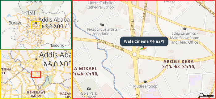 Map showing the address of Wafa Cinema ዋፋ ሲኒማ in three different zoom levels.