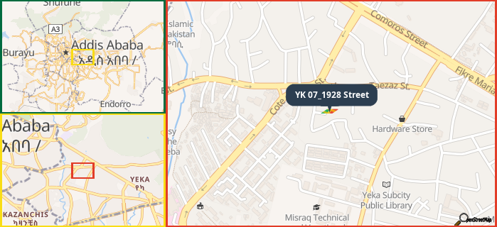 Map showing the address of YK 07_1928 Street in three different zoom levels.